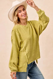 BIBI Boucle Rib Knit Uneven Hem Sweater With Open Seam on Simply Obsessed