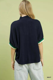 UMGEE Textured Knit Top with Striped Contrast Trim on Simply Obsessed