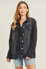 RISEN Full Size Distressed Long Sleeve Denim Jacket on Simply Obsessed
