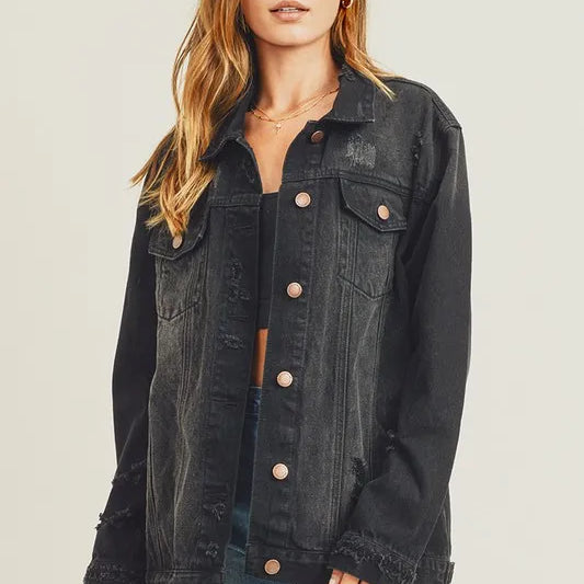 RISEN Full Size Distressed Long Sleeve Denim Jacket on Simply Obsessed