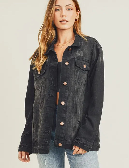 RISEN Full Size Distressed Long Sleeve Denim Jacket on Simply Obsessed