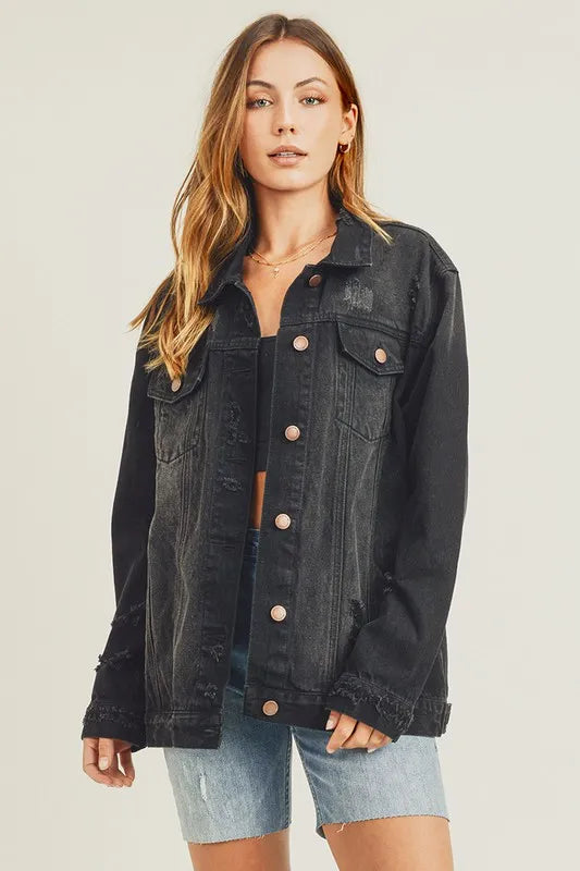 RISEN Full Size Distressed Long Sleeve Denim Jacket on Simply Obsessed