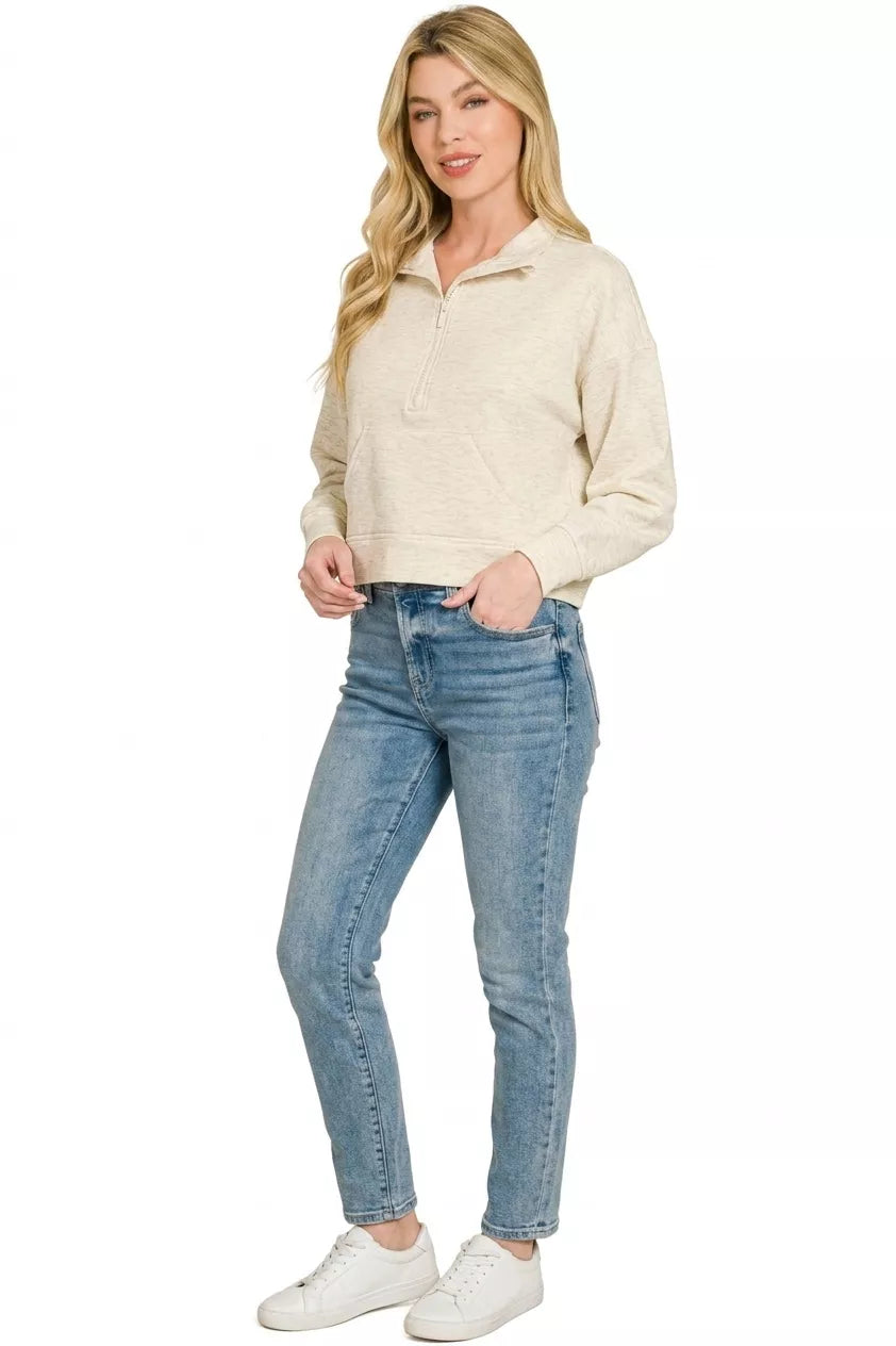 ZENANA Scuba Half Zip Pullover With Kangaroo Pockets on Simply Obsessed