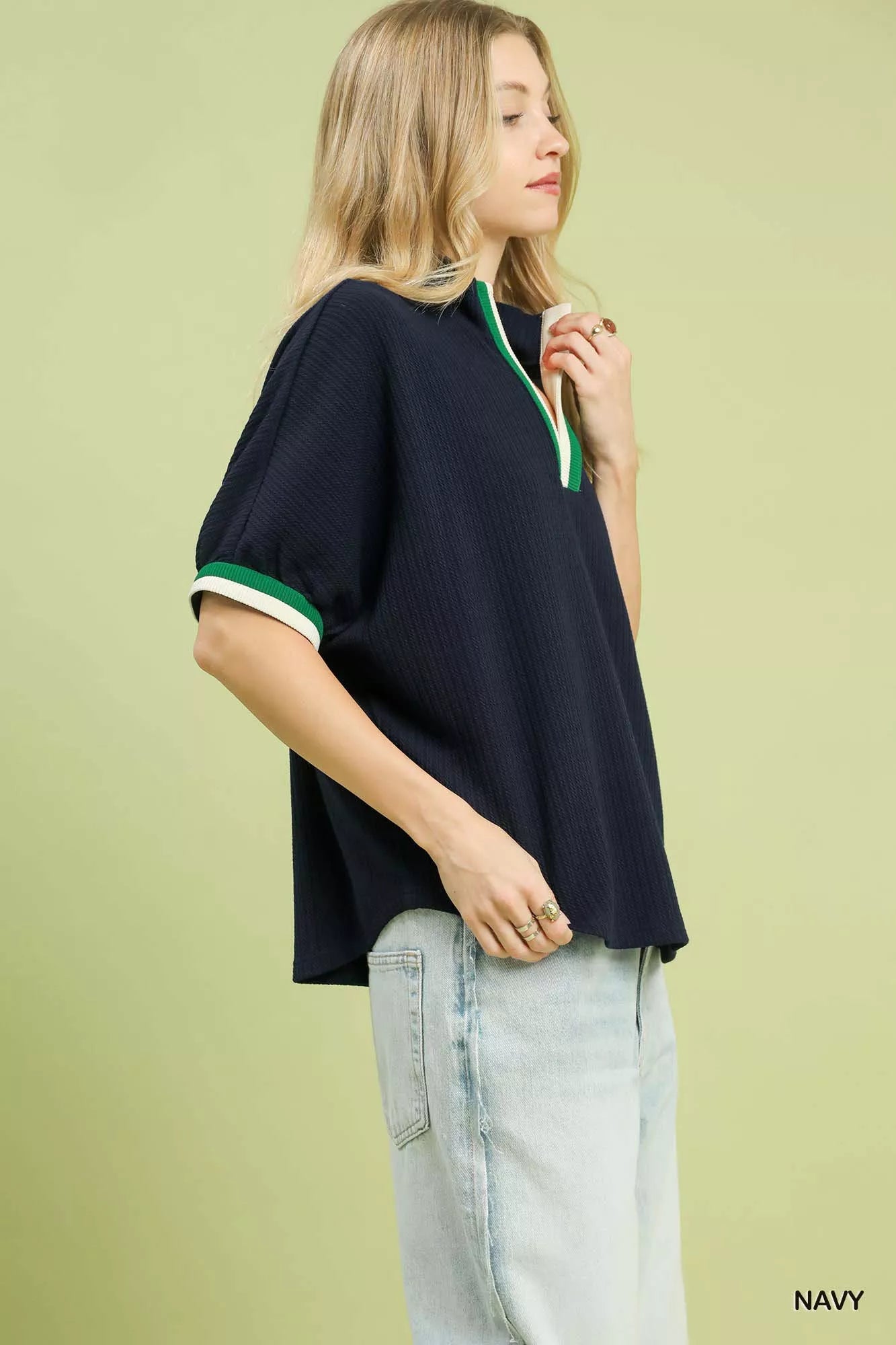 UMGEE Textured Knit Top with Striped Contrast Trim on Simply Obsessed