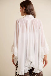 SO ME Sheer Ruffle Bell Sleeves Bow Tie Flowy Blouse Top on Simply Obsessed