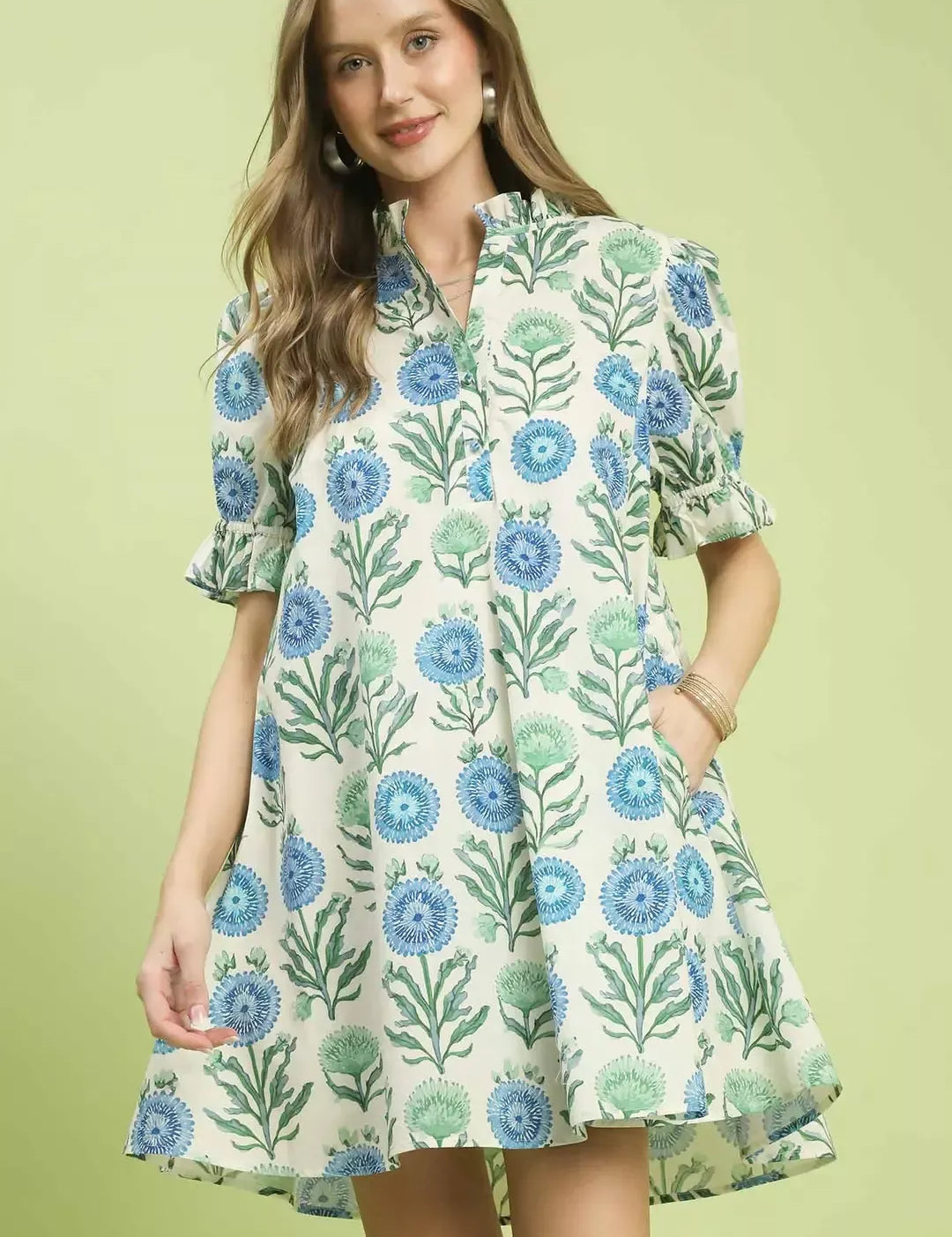 UMGEE Floral Puff Sleeve Babydoll Dress with Side Pockets on Simply Obsessed