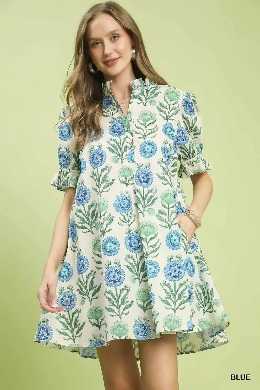 UMGEE Floral Puff Sleeve Babydoll Dress with Side Pockets on Simply Obsessed