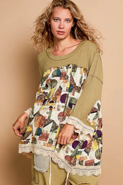 POL Bohemian Geometric Print Long Sleeve Top with Lace Trim on Simply Obsessed
