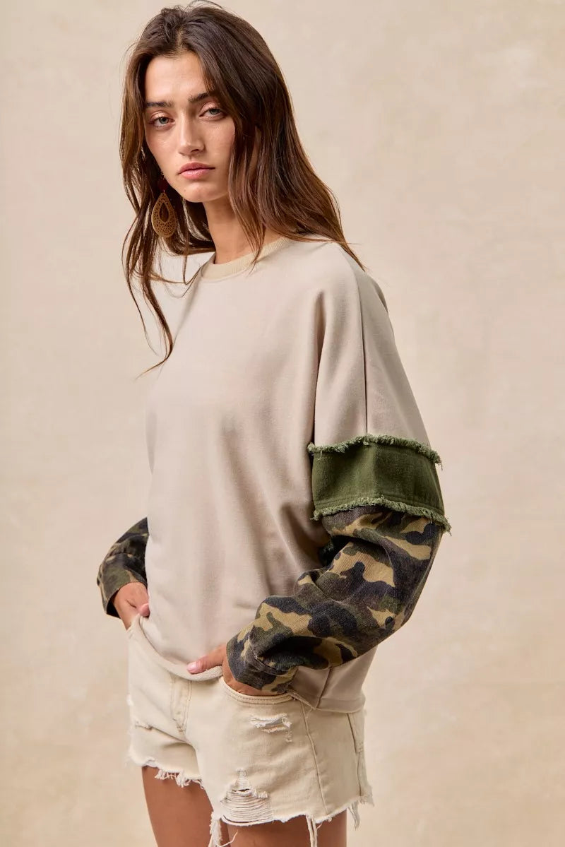 BiBi Camo Sleeve French Terry Top with Frayed Edge on Simply Obsessed