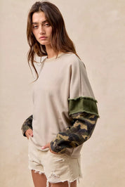 BiBi Camo Sleeve French Terry Top with Frayed Edge on Simply Obsessed
