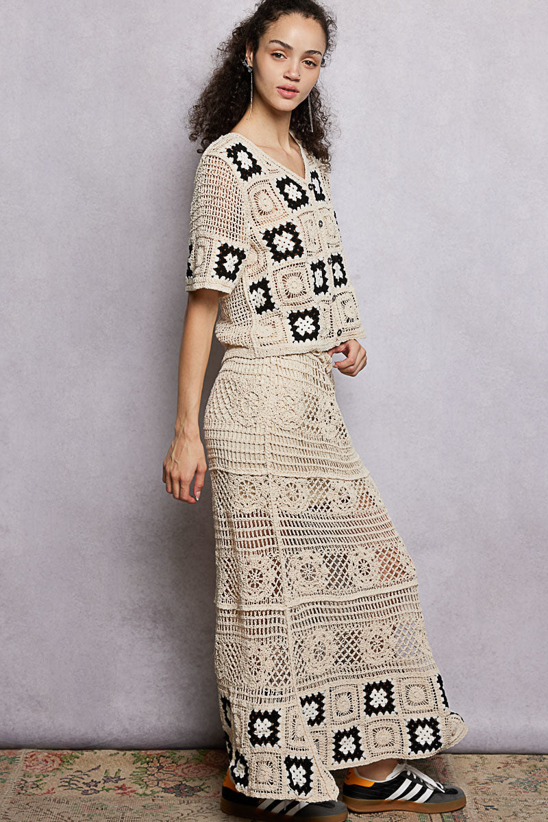 POL Floral Crochet Ruffled Waistband Maxi Skirt with Granny Square Weave **Debut SALE** on Simply Obsessed