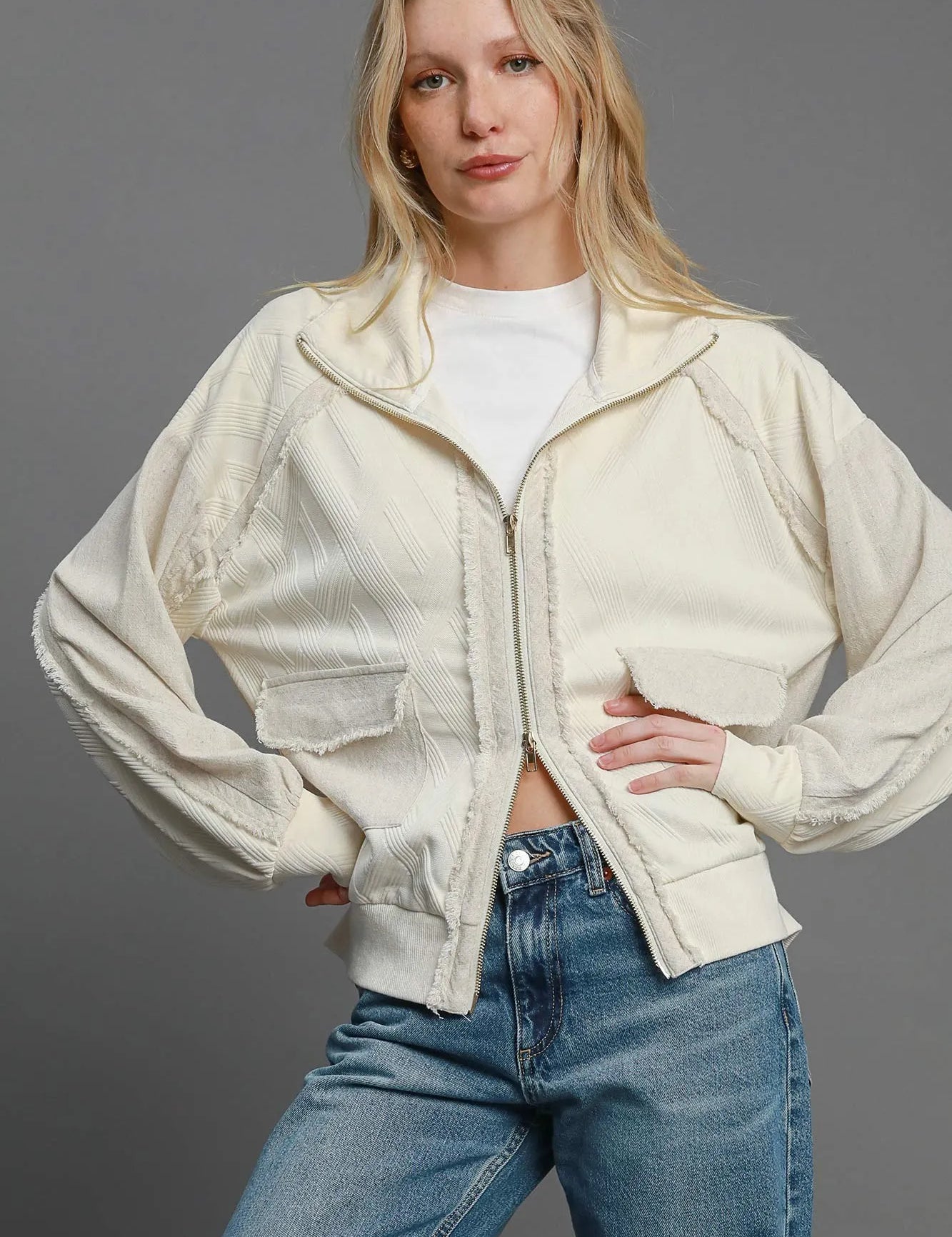 Umgee Two-Way Jacquard Zip-Up Jacket on Simply Obsessed