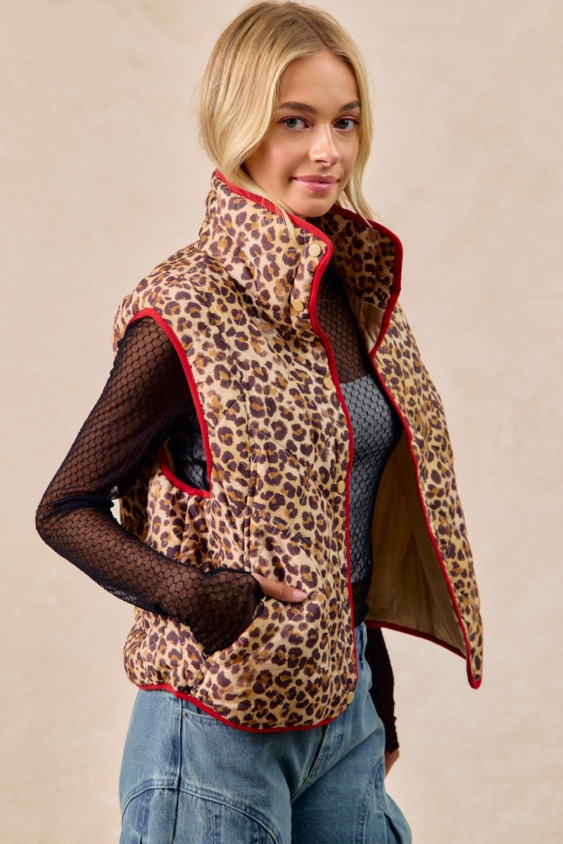 BIBI Leopard Print Piping Detail Quilted Vest on Simply Obsessed