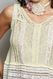 POL V-Neck Crochet Sweater Vest with Lace Trim on Simply Obsessed