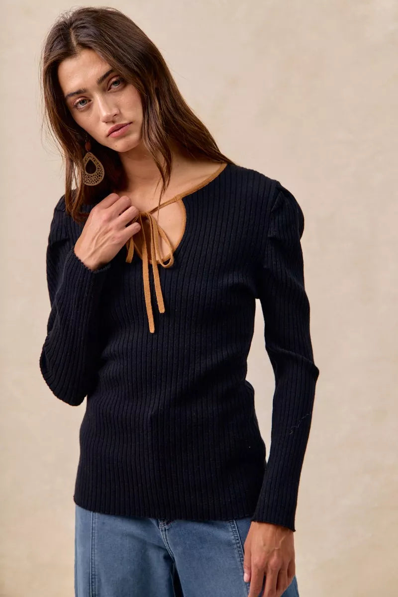BiBi Ribbed Contrast Front Tied Top with Shrried on Simply Obsessed