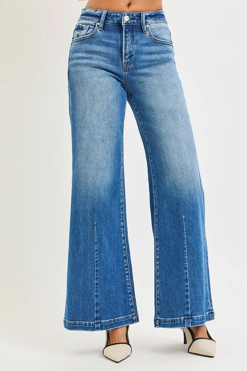 RISEN Full Size Mid Rise Wide Leg Jeans with Flared Look Plus Size on Simply Obsessed