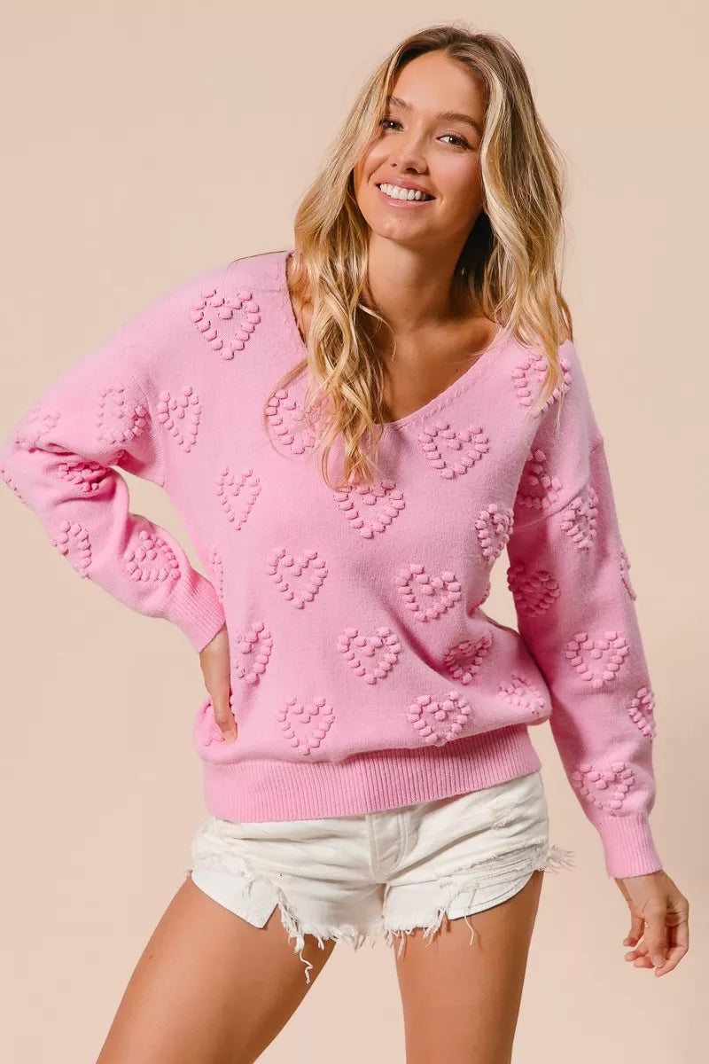 BiBi Valentines Heart Pompom V Neck Knit Top on Simply Obsessed