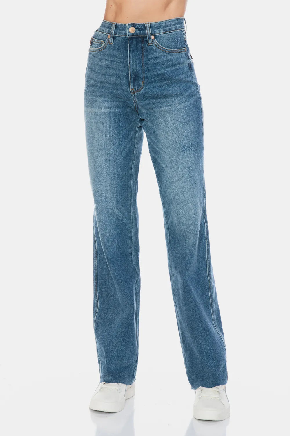 JUDY BLUE Full Size Tummy Control Cut Raw Hem Straight Jeans on Simply Obsessed