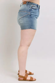 JUDY BLUE Full Size High Waist Star Seam Detail Denim Shorts Plus Size on Simply Obsessed