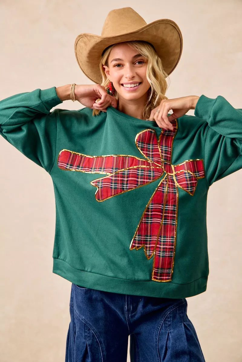 BIBI Plaid Ribbon Bow Detail Christmas Fleece Pullover on Simply Obsessed