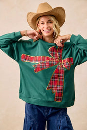 BIBI Plaid Ribbon Bow Detail Christmas Fleece Pullover on Simply Obsessed