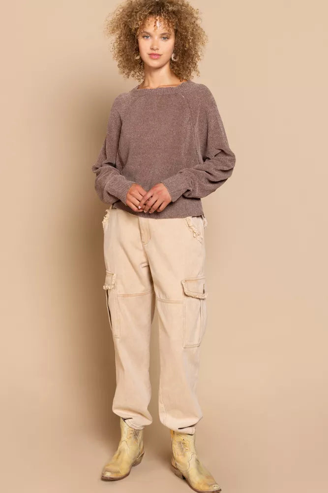 POL Round Neck Backless Sweater with Ribbed Edge on Simply Obsessed