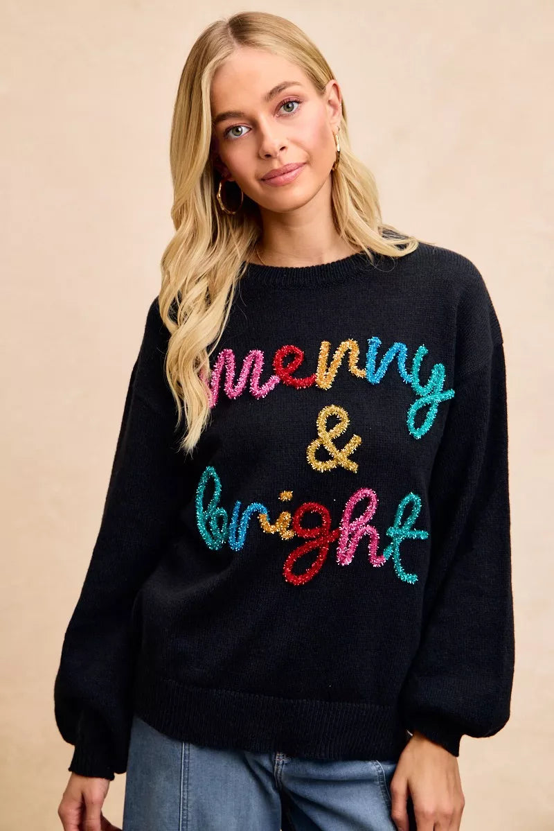 BIBI Tinsel Lettering Christmas Sweater on Simply Obsessed