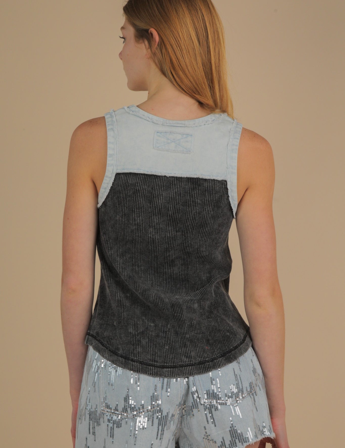 VERY J Mineral Washed Knit & Denim Contrast Detail Tank Top on Simply Obsessed