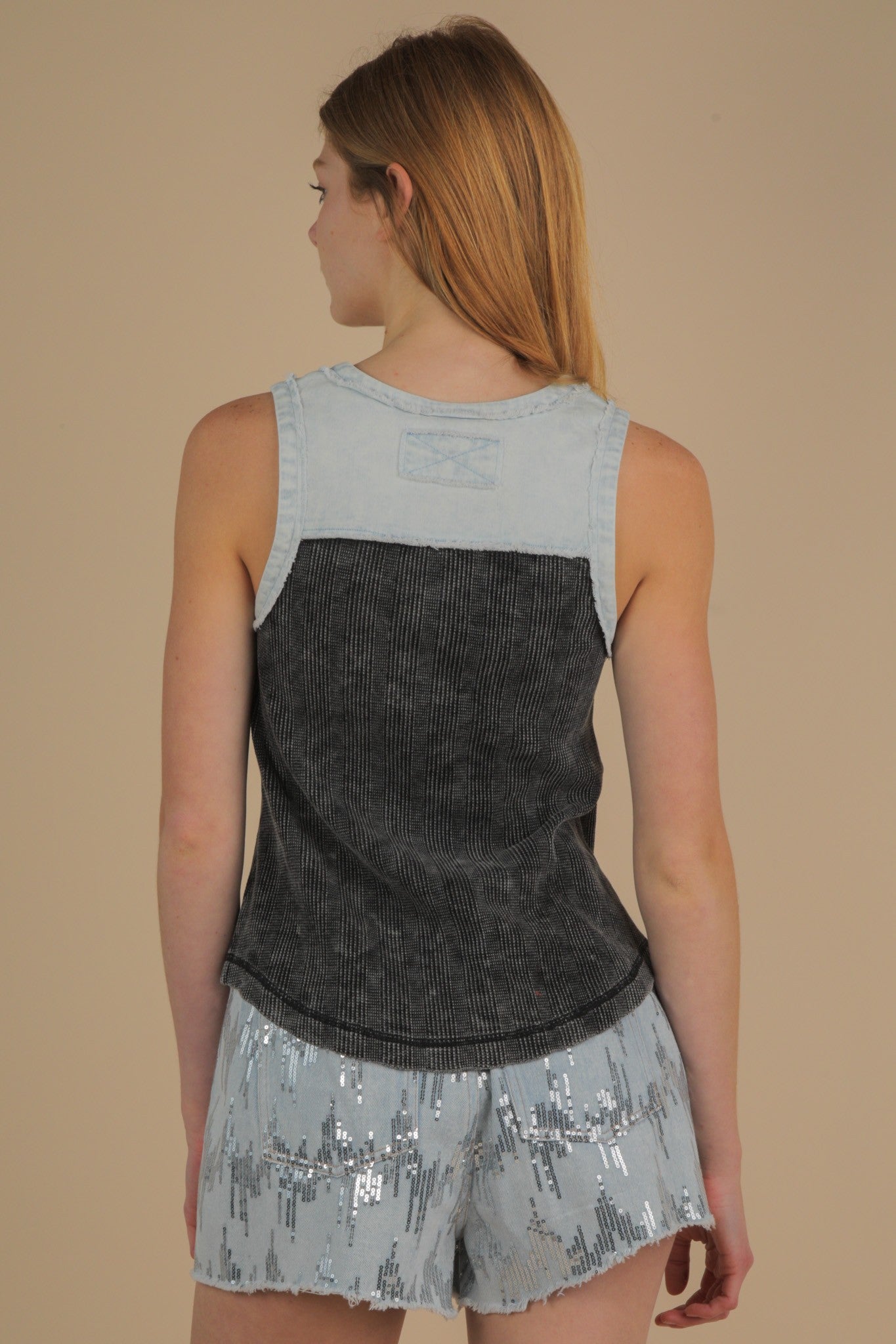 VERY J Mineral Washed Knit & Denim Contrast Detail Tank Top on Simply Obsessed