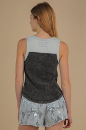 VERY J Mineral Washed Knit & Denim Contrast Detail Tank Top on Simply Obsessed