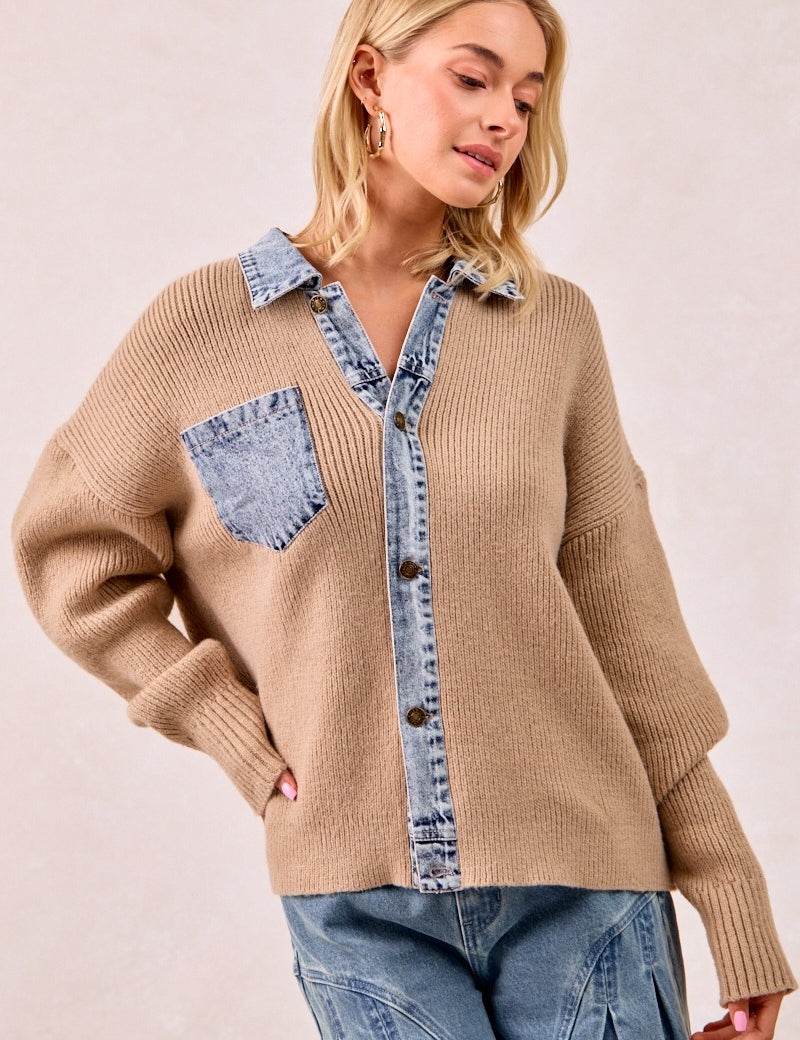 BIBI Washed Denim Mix And Match Buttoned Sweater Top **VEGAS LIVES** on Simply Obsessed