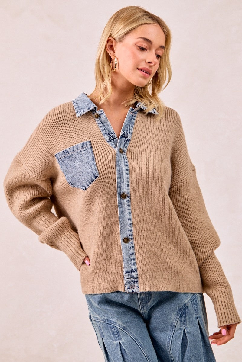 BIBI Washed Denim Mix And Match Buttoned Sweater Top **VEGAS LIVES** on Simply Obsessed