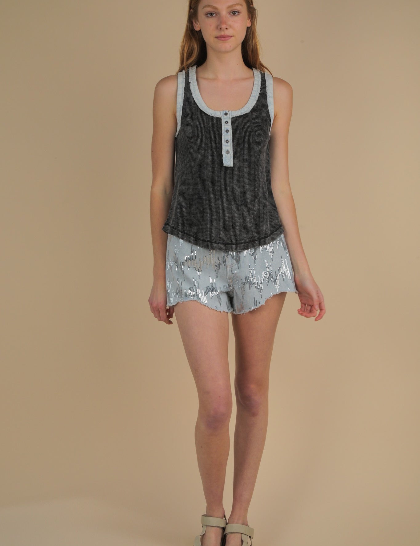 VERY J Mineral Washed Knit & Denim Contrast Detail Tank Top on Simply Obsessed