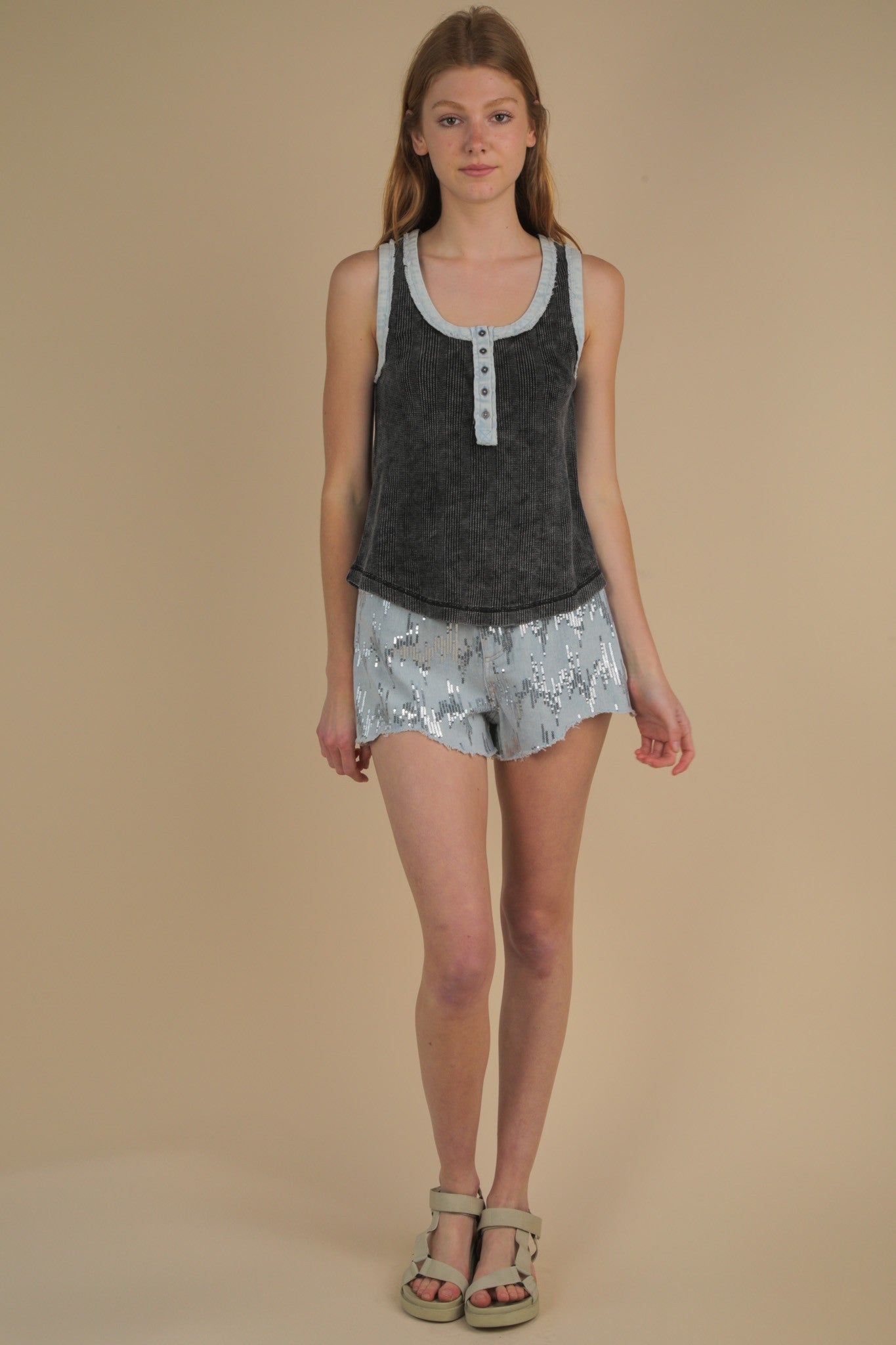 VERY J Mineral Washed Knit &amp; Denim Contrast Detail Tank Top on Simply Obsessed