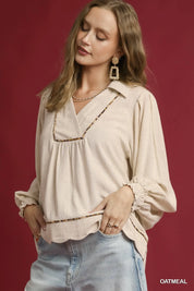 UMGEE Full Size Linen Scallop Hem Blouse with Contrast Trim Plus Size on Simply Obsessed