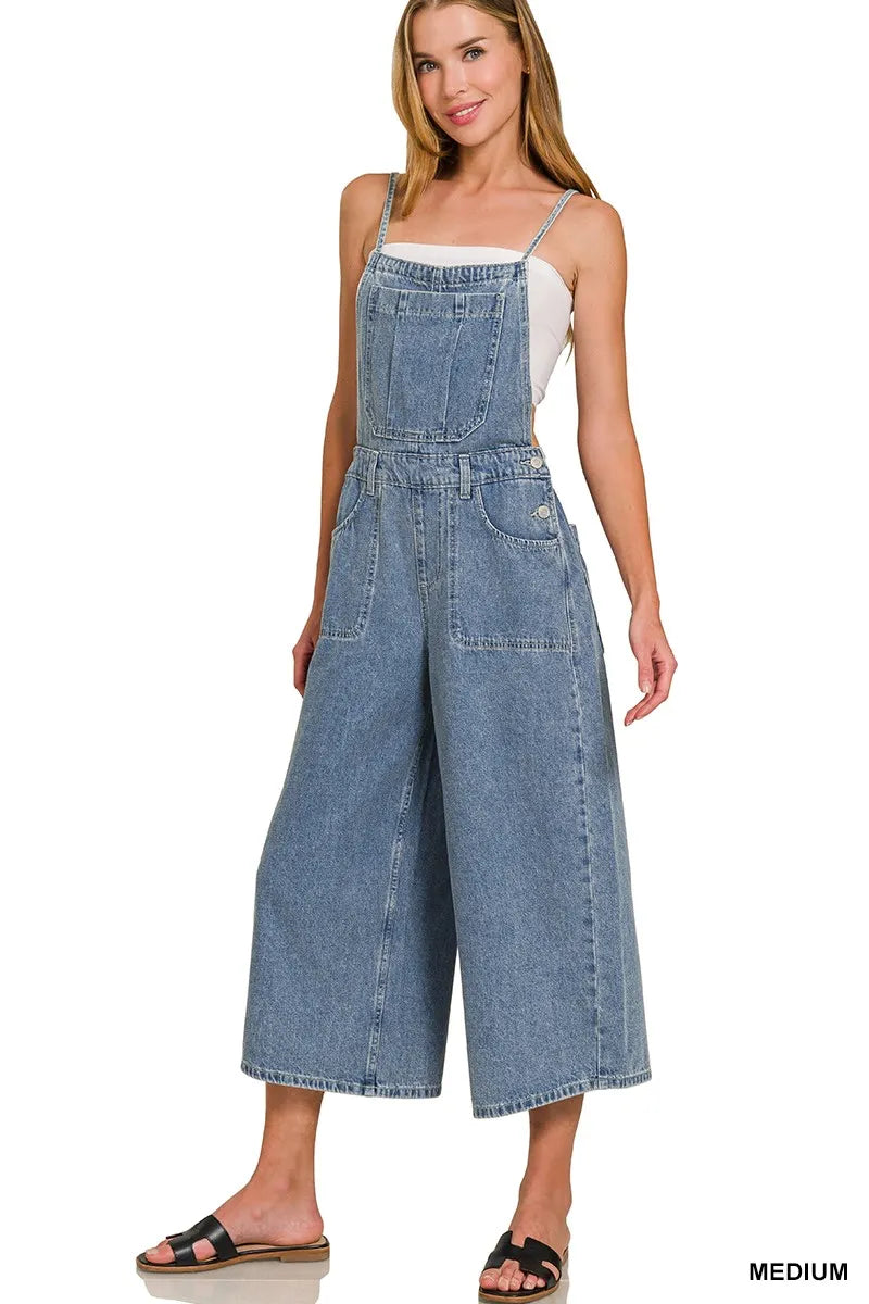 ZENANA Denim Medium Washed Wide Leg Overalls on Simply Obsessed