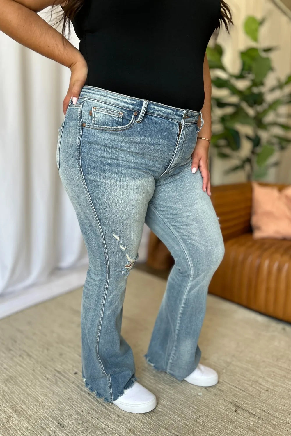 JUDY BLUE Full Size Medium Rise Tummy Control Destroy Flare on Simply Obsessed