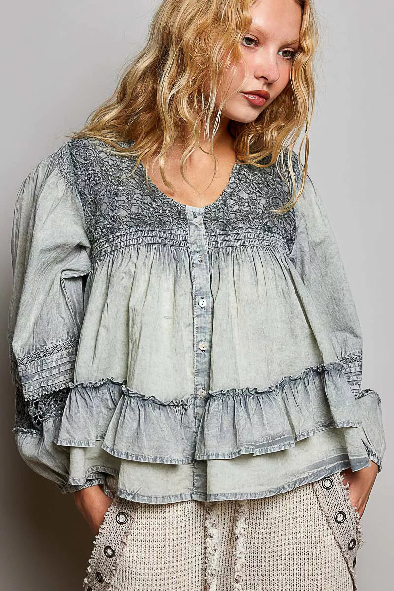 POL Washed Layered Lace Pintuck Flared Woven Blouse on Simply Obsessed