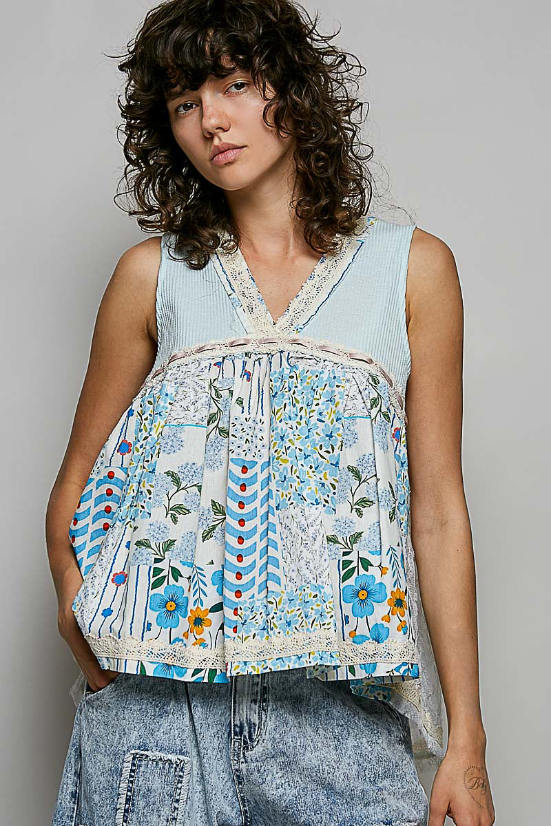 POL Floral V-Neck Sheer Tank with Lace Trim on Simply Obsessed