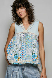 POL Floral V-Neck Sheer Tank with Lace Trim on Simply Obsessed