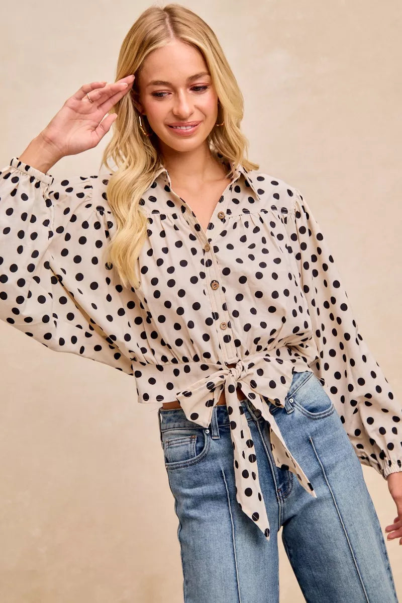 BIBI Polka Dot Print Tie Hem Detail Crop Shirt on Simply Obsessed