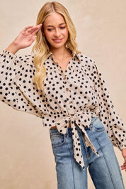 BIBI Polka Dot Print Tie Hem Detail Crop Shirt on Simply Obsessed