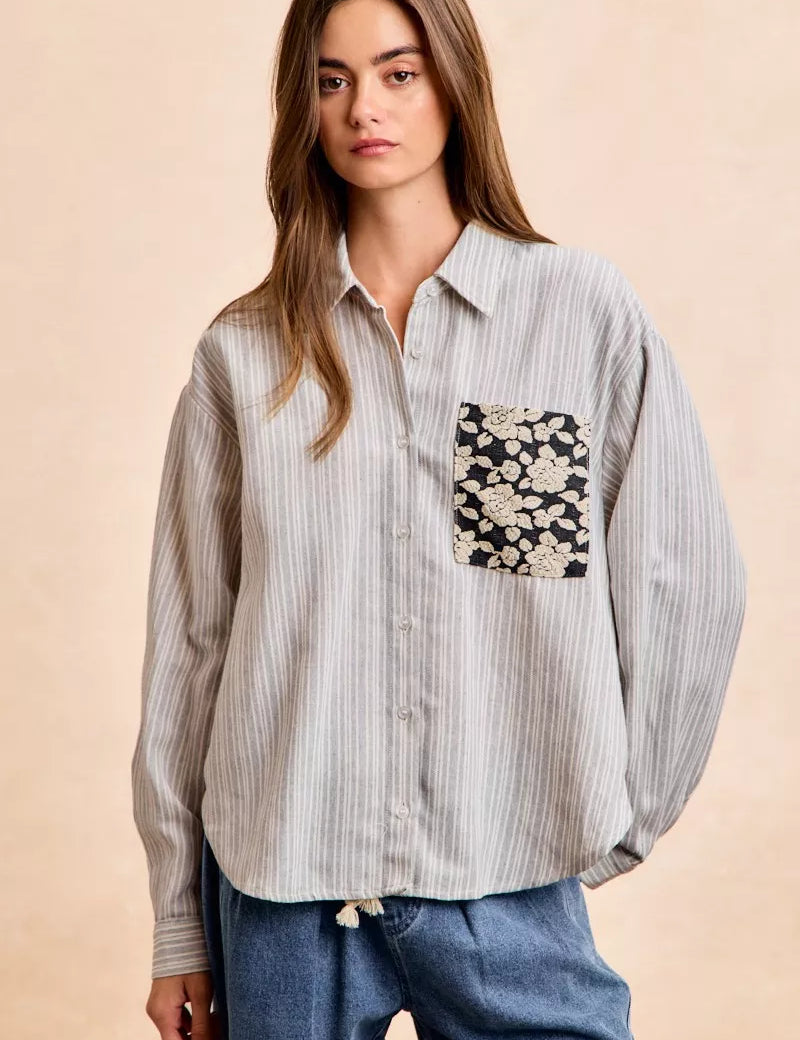 BiBi Flower Jacquard Knit Patch Pocket Stripe Shirt on Simply Obsessed