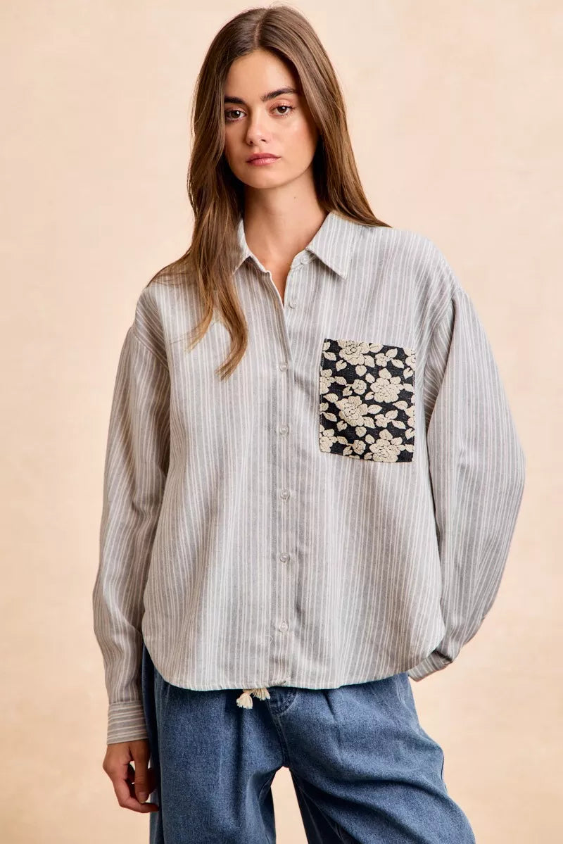 BiBi Flower Jacquard Knit Patch Pocket Stripe Shirt on Simply Obsessed