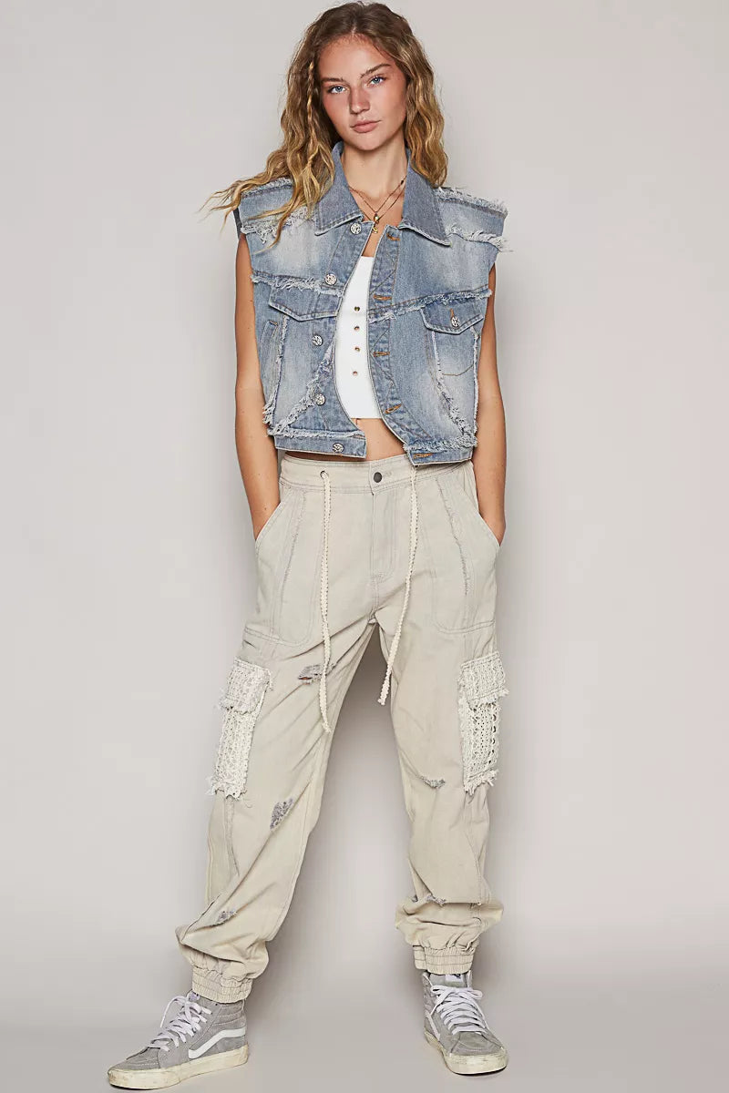 POL Assymetrical Front Closure Raw Hem Denim Vest on Simply Obsessed