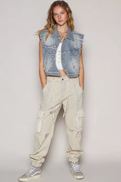 POL Assymetrical Front Closure Raw Hem Denim Vest on Simply Obsessed