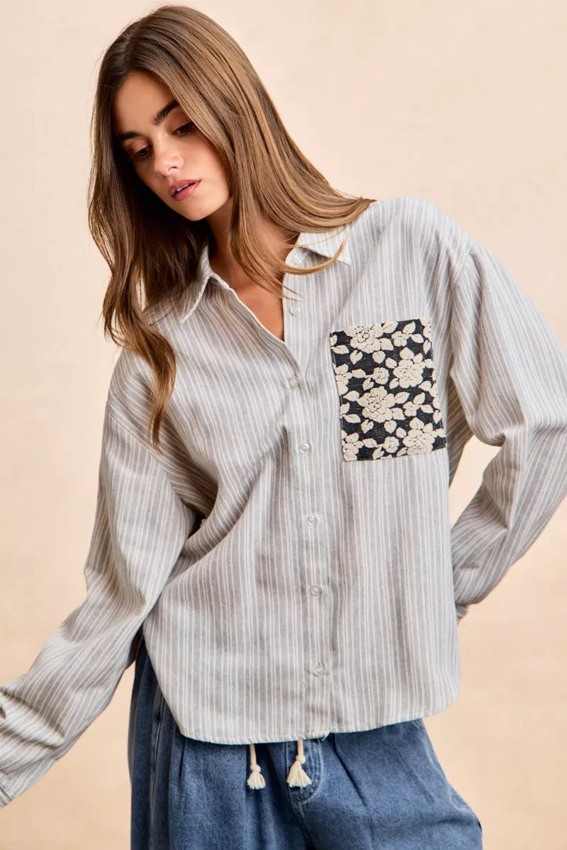 BiBi Flower Jacquard Knit Patch Pocket Stripe Shirt on Simply Obsessed