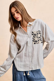 BiBi Flower Jacquard Knit Patch Pocket Stripe Shirt on Simply Obsessed