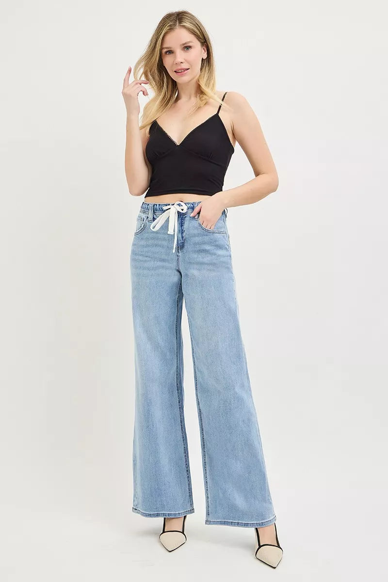 RISEN Elastic Band Slouchy Wide Jeans with Drawstring on Simply Obsessed