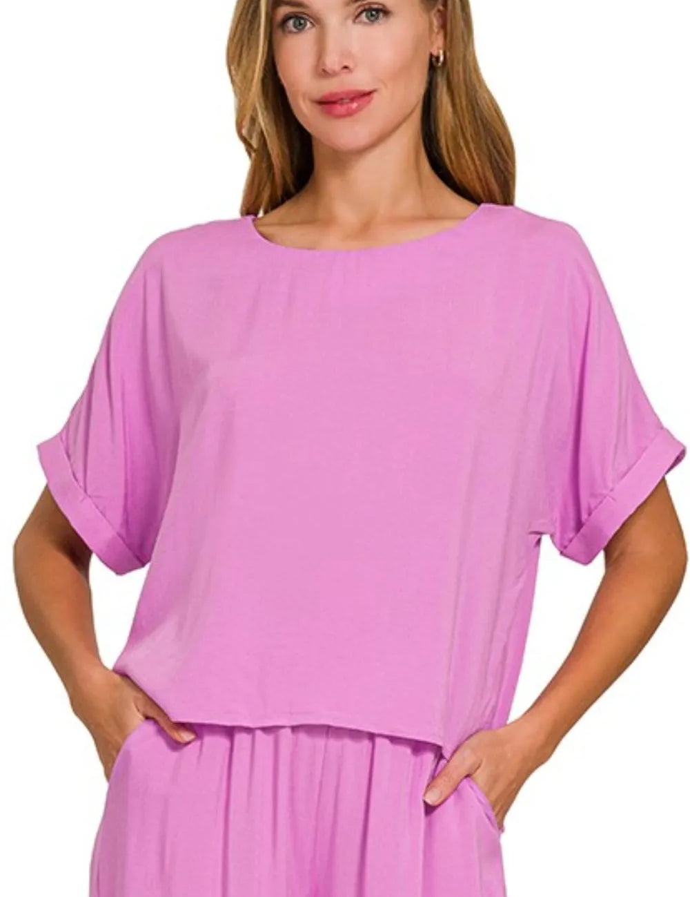 Zenana Round Neck T-Shirt and Wide Leg Pants Set on Simply Obsessed